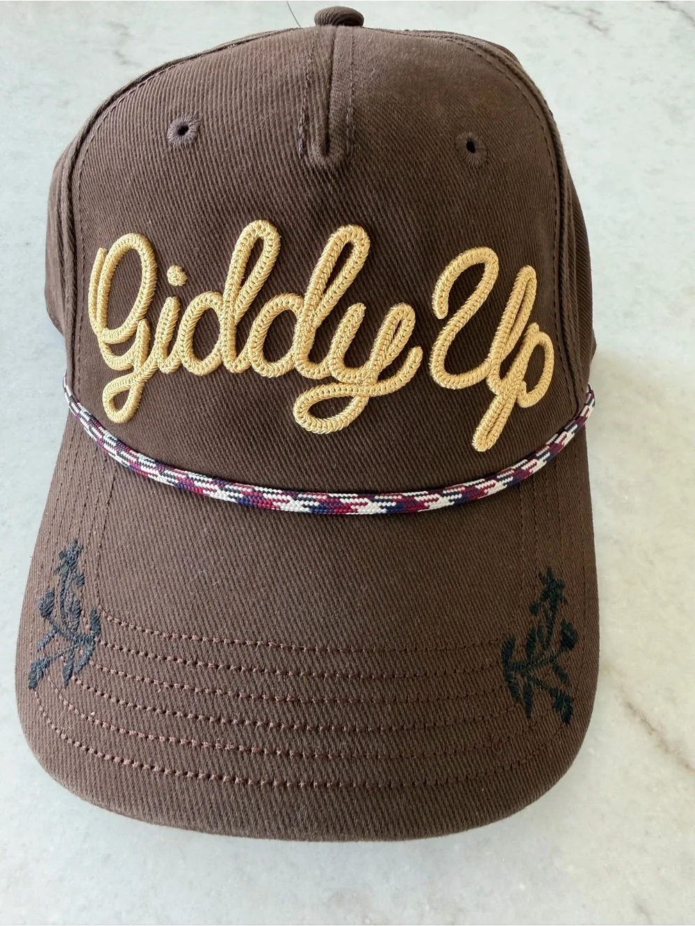 Brown 'Giddy Up' Embroidered Baseball Cap with Gold Script! New